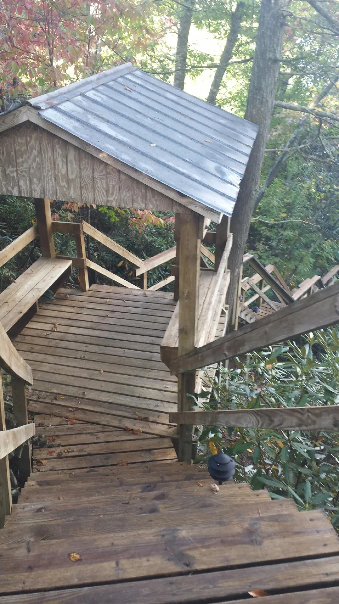 Metal roofed shelter over wooden steps on a wooded walkway — Skylight Repair & Installation work by our crew in Chesterfield